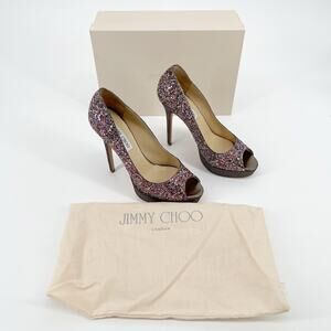Jimmy Choo Crown Rainbow Coarse Glitter Platform Peep Toe Pump IT 39.5 US 9.5